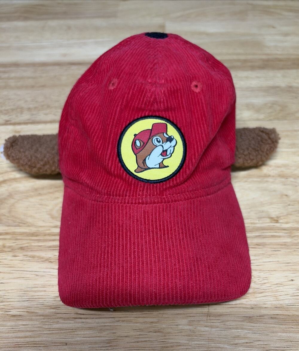 Buc-ees Red Corduroy Snapback Adult Trucker Hat With Ears & Beaver Logo EUC